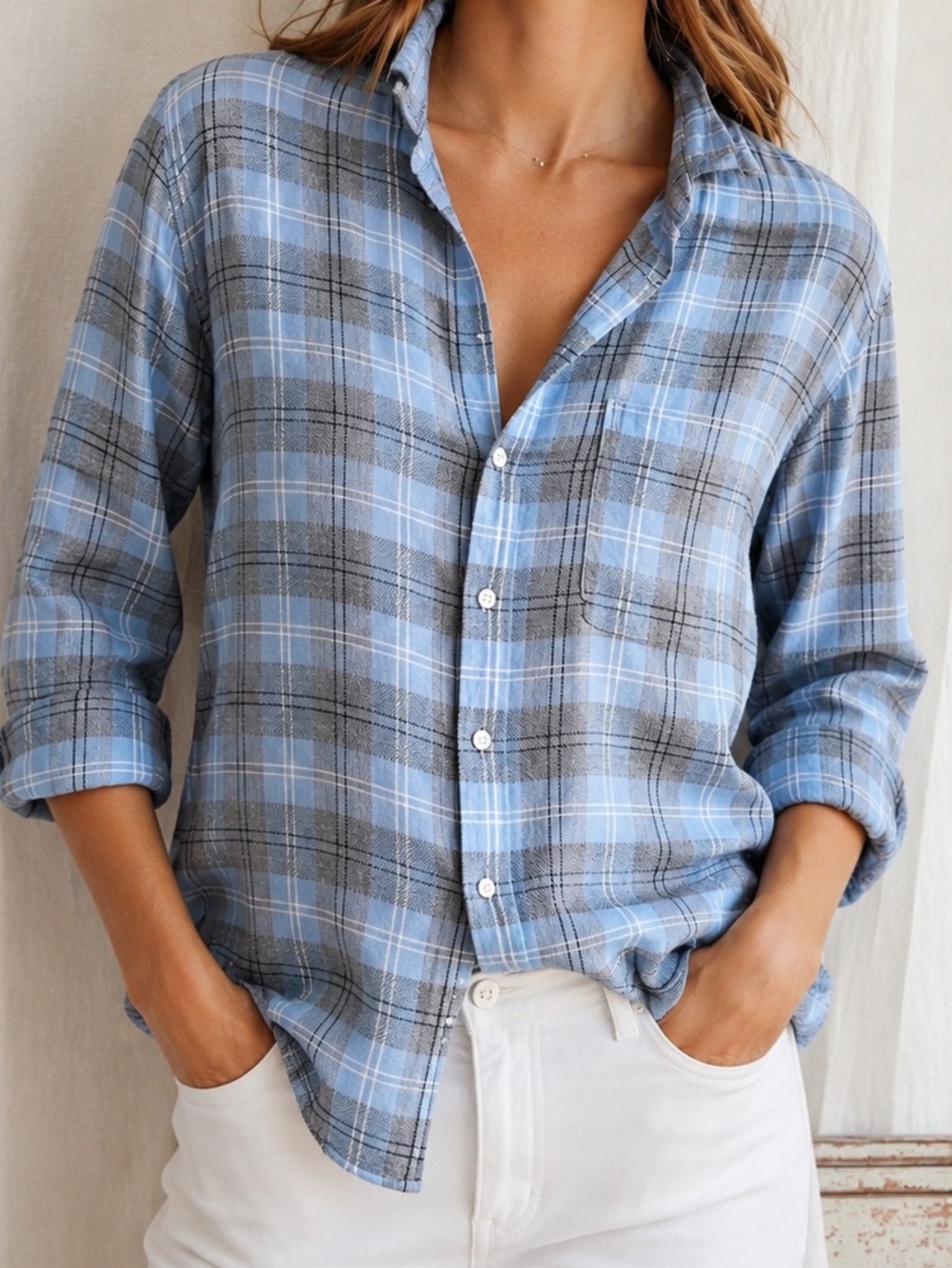 Frank & Eileen Eileen Blue Gray Plaid 100% Linen Button Front Shirt XL
